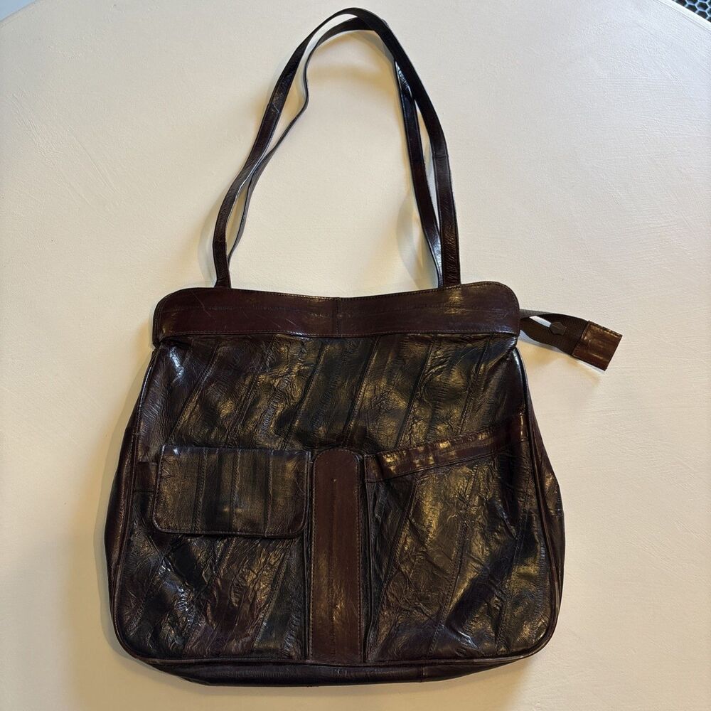 Black Eel Skin Vintage Shoulder bag With Three Pockets With Brown Accents